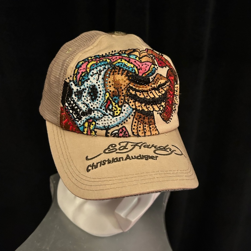 Ed Hardy Vintage Beige Cap with Colorful Embroidery